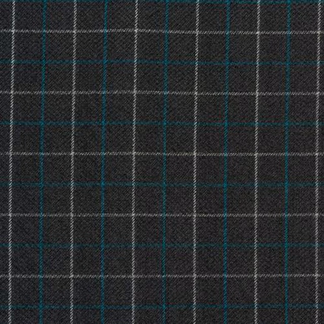 Dark checked fabric with teal azure and pale grey lines on a charcoal ground