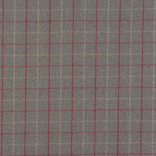 Warm grey taupe checked fabric with fine cherry-red grid lines