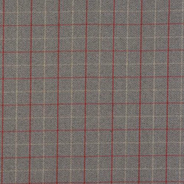 Warm grey taupe checked fabric with fine cherry-red grid lines