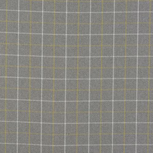 Grey checked fabric with fine white grid lines and soft citrus accents