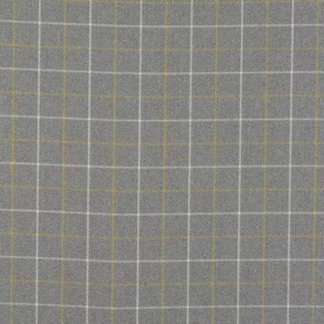 Grey checked fabric with fine white grid lines and soft citrus accents