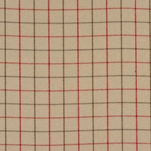 Cream fabric swatch with a cranberry-red and taupe windowpane check