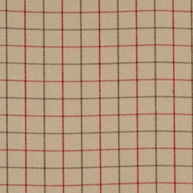 Cream fabric swatch with a cranberry-red and taupe windowpane check