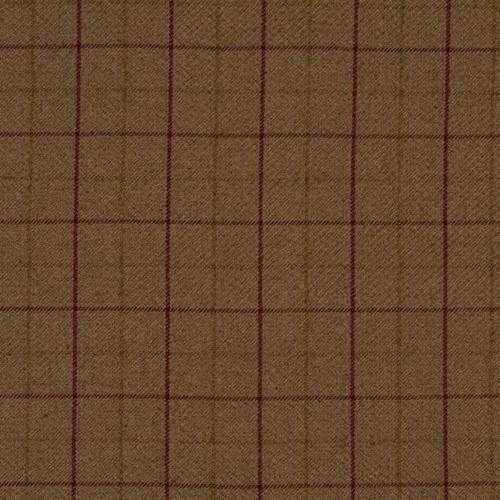 Muted brown check fabric with fine burgundy grid lines and heathered weave