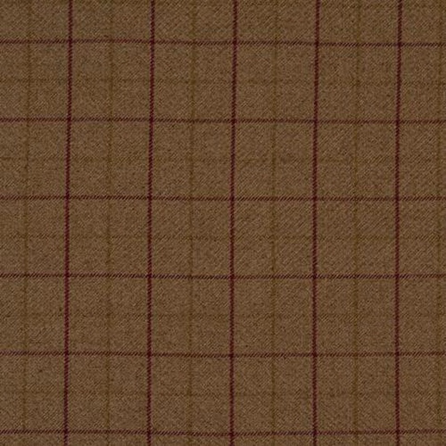 Muted brown check fabric with fine burgundy grid lines and heathered weave