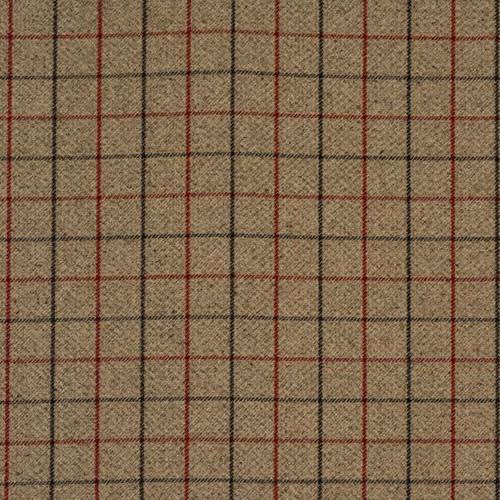 Close-up of a warm red and brown checked fabric with fine woven texture