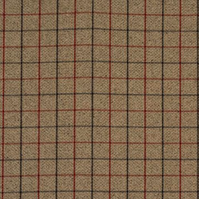 Close-up of a warm red and brown checked fabric with fine woven texture
