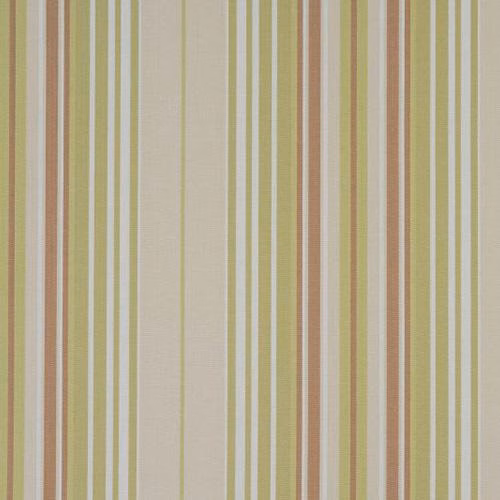Vertical striped cotton fabric in pampas beige, sage, yellow-green and soft coral