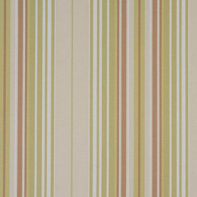 Vertical striped cotton fabric in pampas beige, sage, yellow-green and soft coral