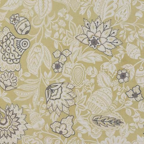 Ochre floral cotton fabric with ivory leaves and charcoal outline