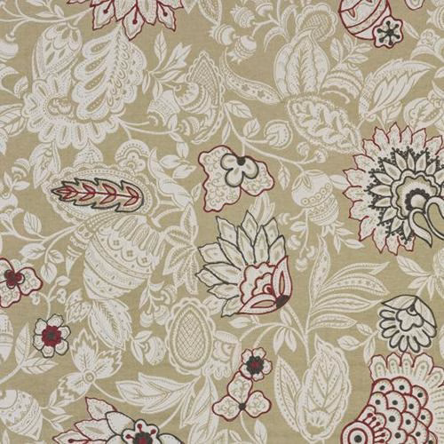 Sage green floral cotton fabric with cream leaves and red-brown outline accents