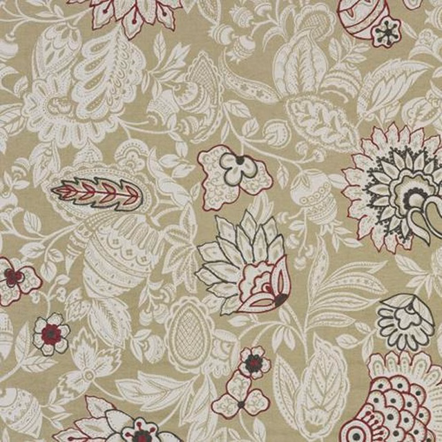 Sage green floral cotton fabric with cream leaves and red-brown outline accents