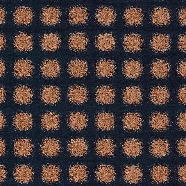 Indigo check fabric with warm copper squares on a dark ground