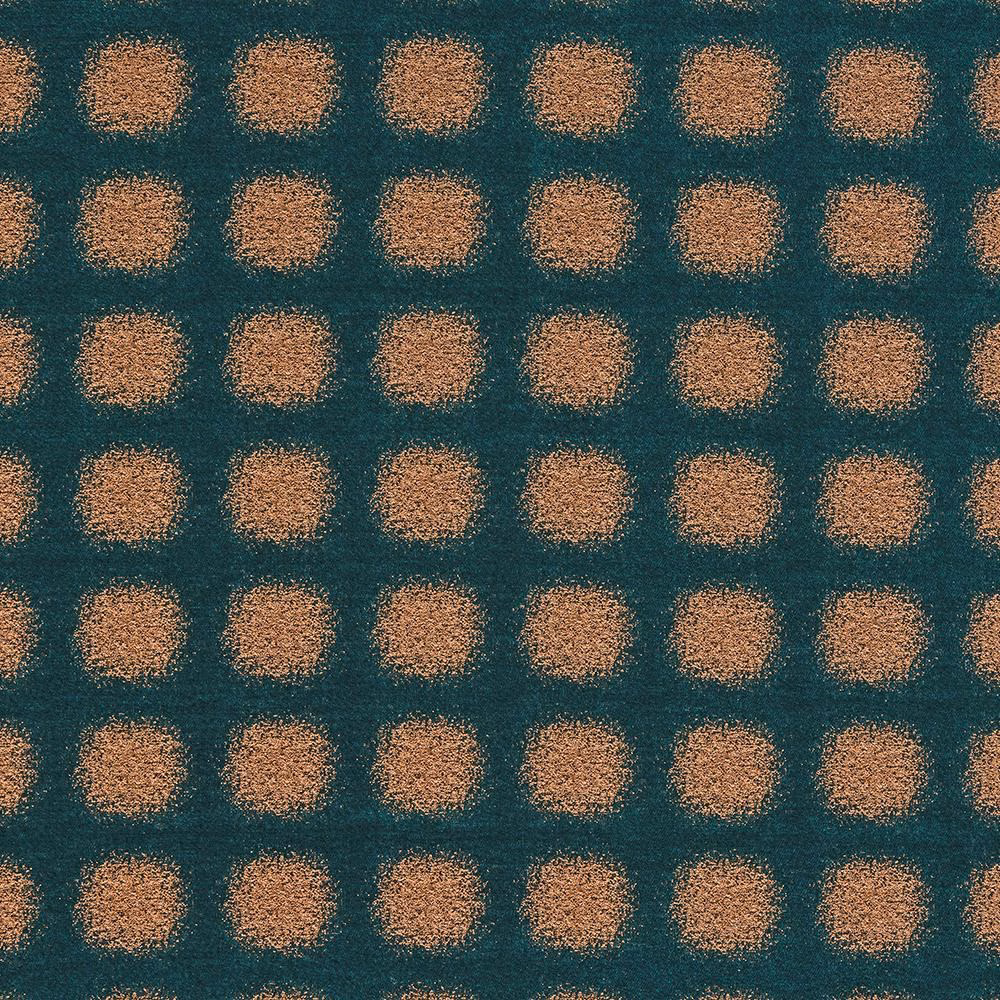 Teal patterned fabric with repeating copper square motifs and a subtle textured weave