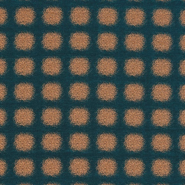 Teal patterned fabric with repeating copper square motifs and a subtle textured weave