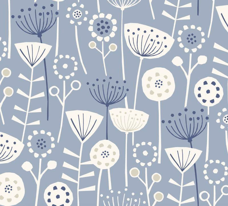 Blue cotton fabric with stylised white and navy floral stems pattern
