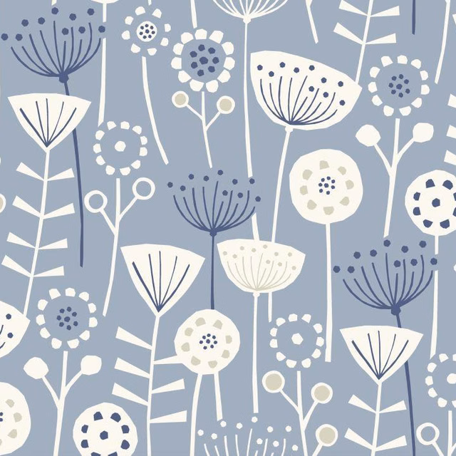 Blue cotton fabric with stylised white and navy floral stems pattern
