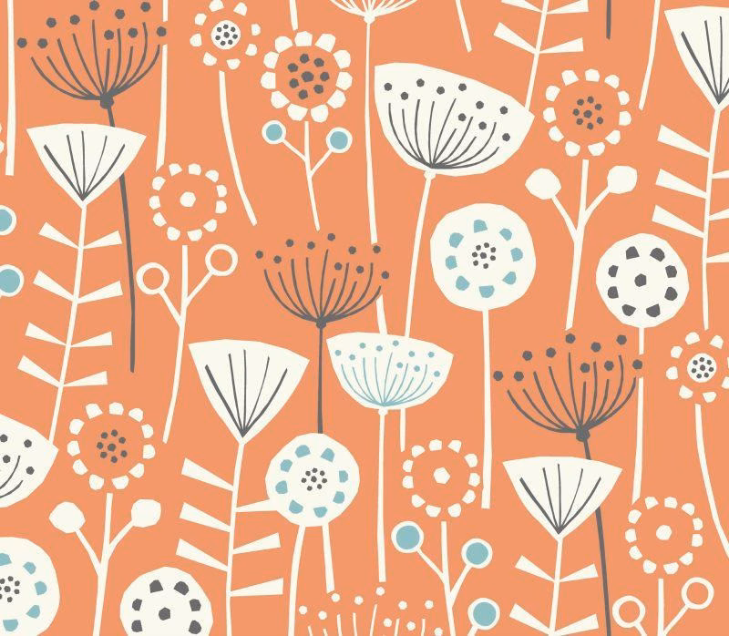 Burnt orange floral cotton with cream, teal and charcoal stylised stems