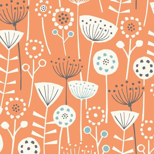 Burnt orange floral cotton with cream, teal and charcoal stylised stems
