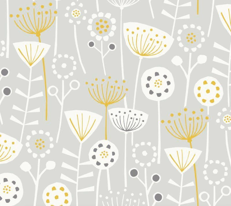 Grey cotton fabric with white stylised flowers and yellow floral accents
