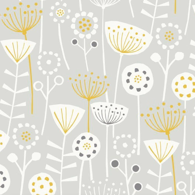 Grey cotton fabric with white stylised flowers and yellow floral accents