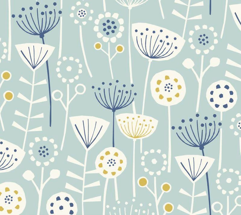 Seafoam teal cotton fabric with large stylised floral stems in cream, navy and yellow