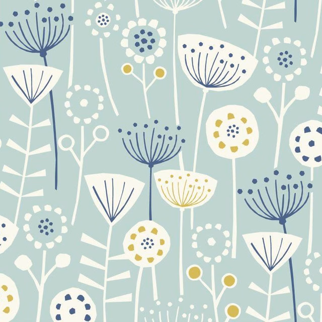 Seafoam teal cotton fabric with large stylised floral stems in cream, navy and yellow