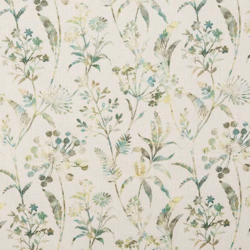 Pale floral fabric with soft teal and sage botanical sprays on an ivory ground
