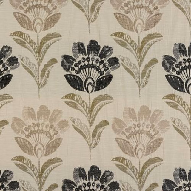 Stone-toned floral fabric with charcoal and taupe leaf motifs