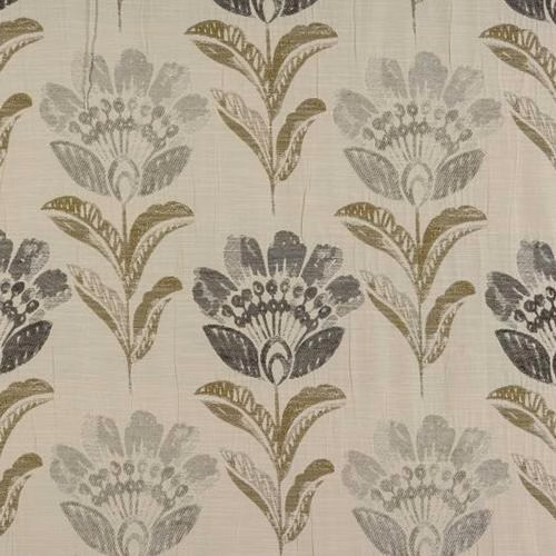 Muted floral fabric swatch in dove grey, olive and deep bordeaux on a pale ground