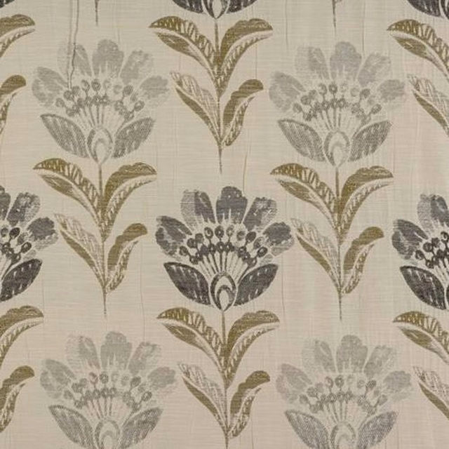 Muted floral fabric swatch in dove grey, olive and deep bordeaux on a pale ground