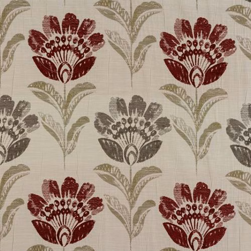 Cream woven fabric with large burgundy floral motifs and muted olive stems