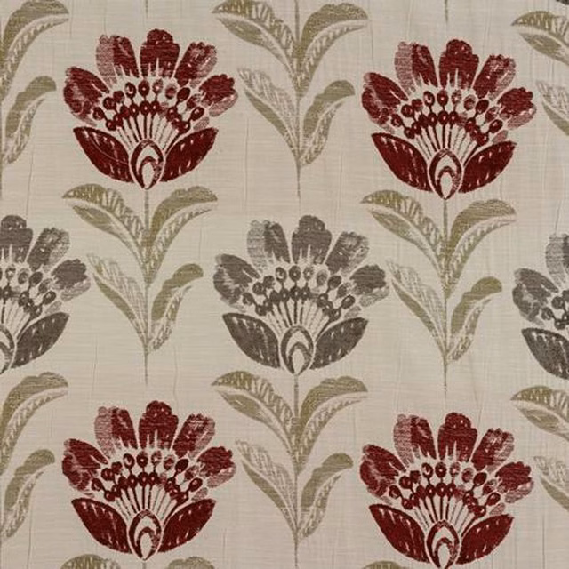 Cream woven fabric with large burgundy floral motifs and muted olive stems