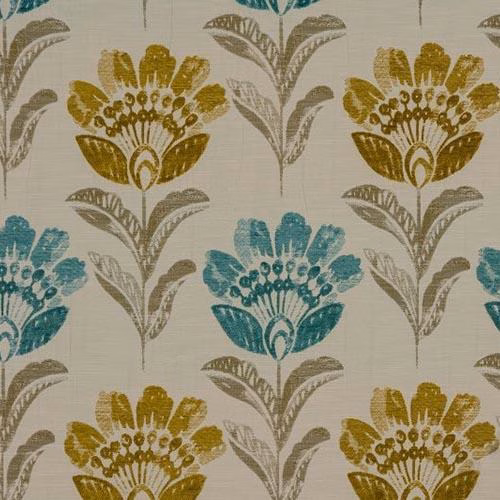 Duck egg and cream fabric with large teal and mustard floral motif