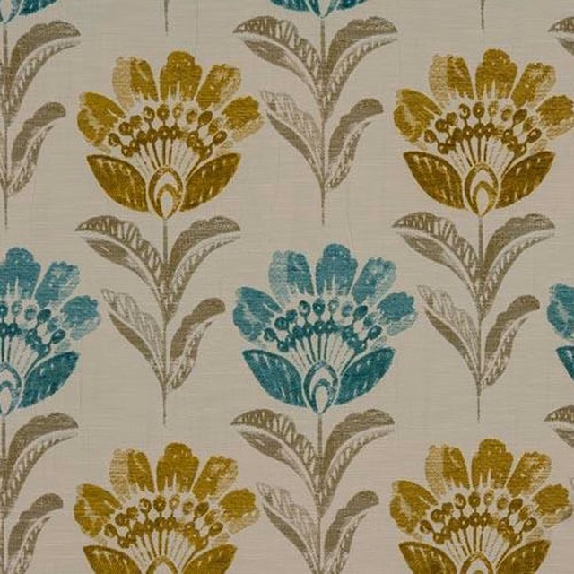 Duck egg and cream fabric with large teal and mustard floral motif