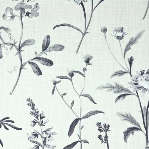 Pale grey botanical cotton with loose leafy stems and floral linework