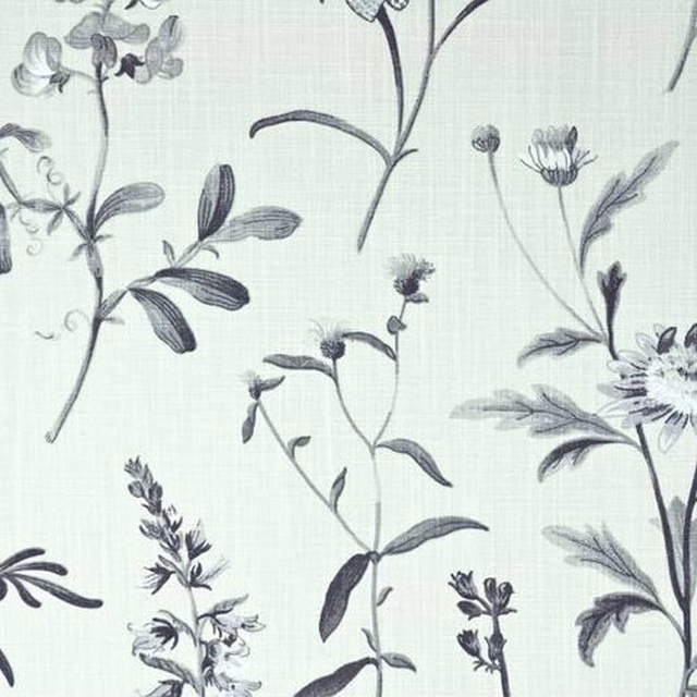 Pale grey botanical cotton with loose leafy stems and floral linework