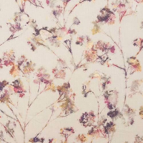 Ivory cotton fabric with scattered heathered floral stems in mauve, pink, ochre and plum