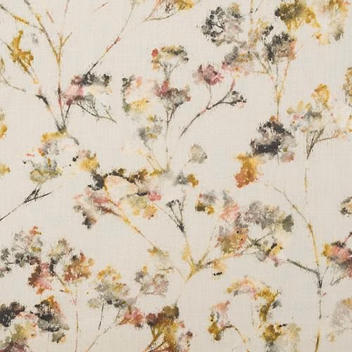 Painterly floral cotton swatch with warm ochre ground and muted pink, grey and green blossoms