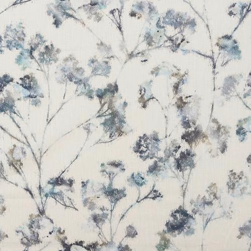 Pale cotton fabric with painterly teal floral stems and soft blue-grey blossoms
