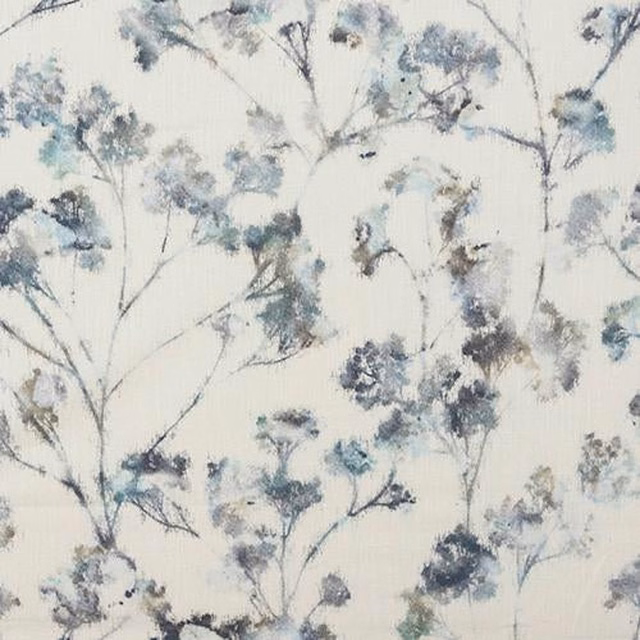 Pale cotton fabric with painterly teal floral stems and soft blue-grey blossoms
