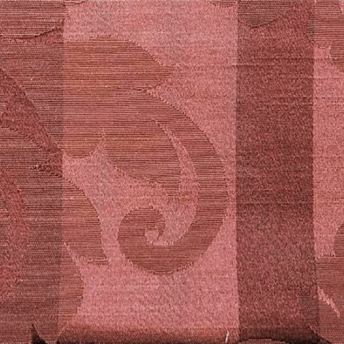 Dusty rouge woven stripe fabric with scrolling motif and textured vertical bands