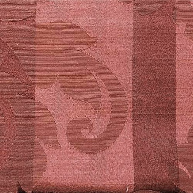 Dusty rouge woven stripe fabric with scrolling motif and textured vertical bands