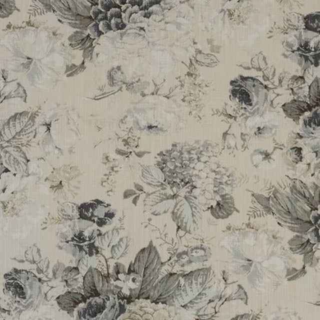 Large grey and ivory floral cotton fabric with soft botanical detailing