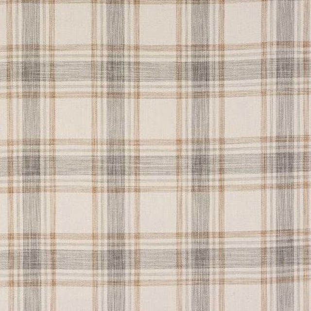 Soft dove-grey and beige checked fabric with a pale woven ground