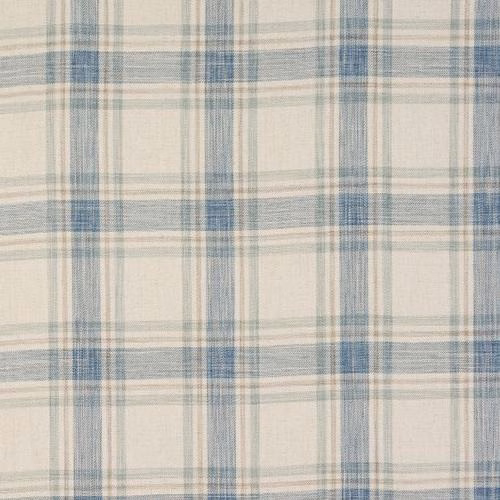 Pale duck egg blue checked fabric with a soft woven linen texture