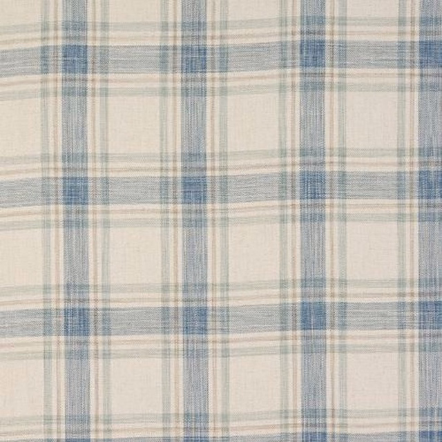 Pale duck egg blue checked fabric with a soft woven linen texture