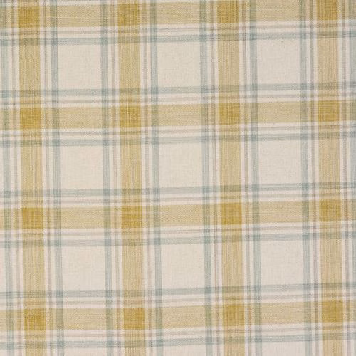Pale ochre checked fabric with cream, green-grey and linen-toned stripes