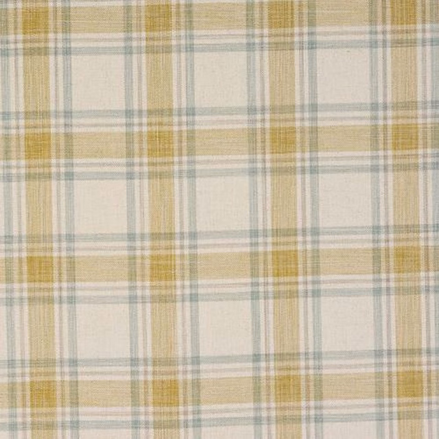 Pale ochre checked fabric with cream, green-grey and linen-toned stripes