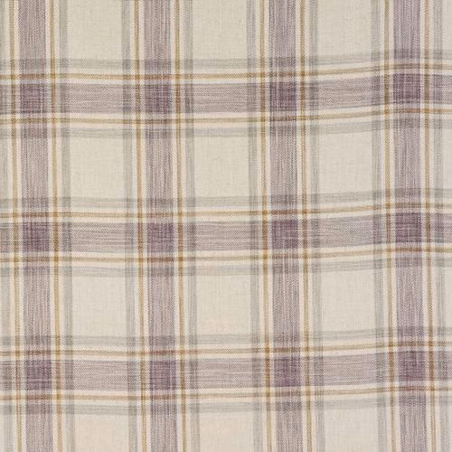 Pale cream check fabric with muted lilac and tan stripes, woven texture visible